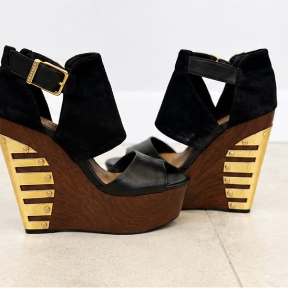 Black Suede & Leather Wedge Sandals with Gold Accents